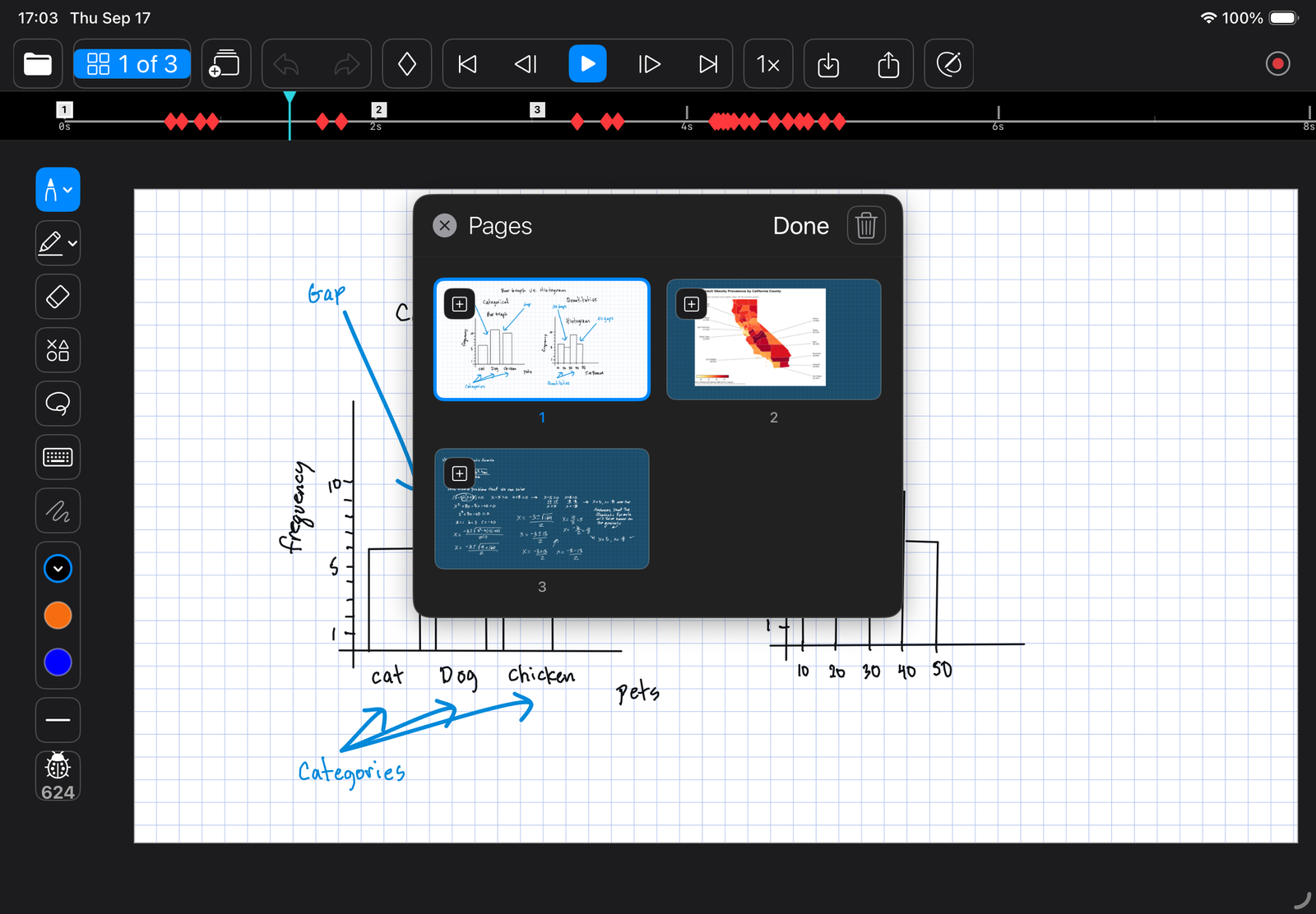 The Pages panel open over a lesson, showing a thumbnail of every page